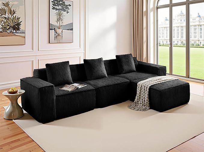L-Shaped Corner Corduroy Sectional Sofa 4 Seat Modular Boneless Sofa Foam Cloud Couch with Movable Ottoman and Toss PillowsModern Deep Seat Convertible Chaise Sofa
