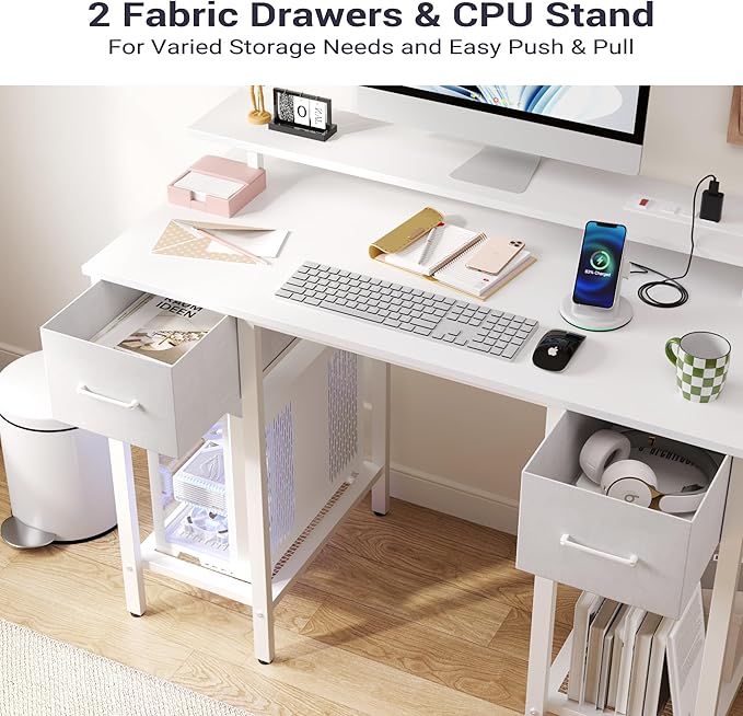 White Computer Desk with Drawers 42 Inch Home Office Desk Study Writing Table Gaming Desk with USB Power Outlets Office Desk with Fabric Drawer Work Table with Shelf for Bedroom White