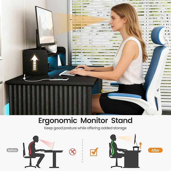 Computer Desk with Monitor Stand 47 inch Home Office Desk with RGB LED Lights and Power Outlets Writing Desk with Storage File Drawer for Working Gaming Writing Black