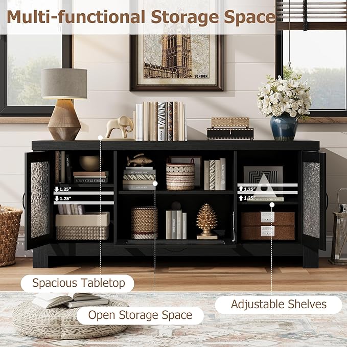 IDEALHOUSE TV Stand for 65 Inch TV Farmhouse Entertainment Center with Acrylic Door Storage Cabinet &amp Adjustable Shelves TV Console Table for Living Room Bedroom Black