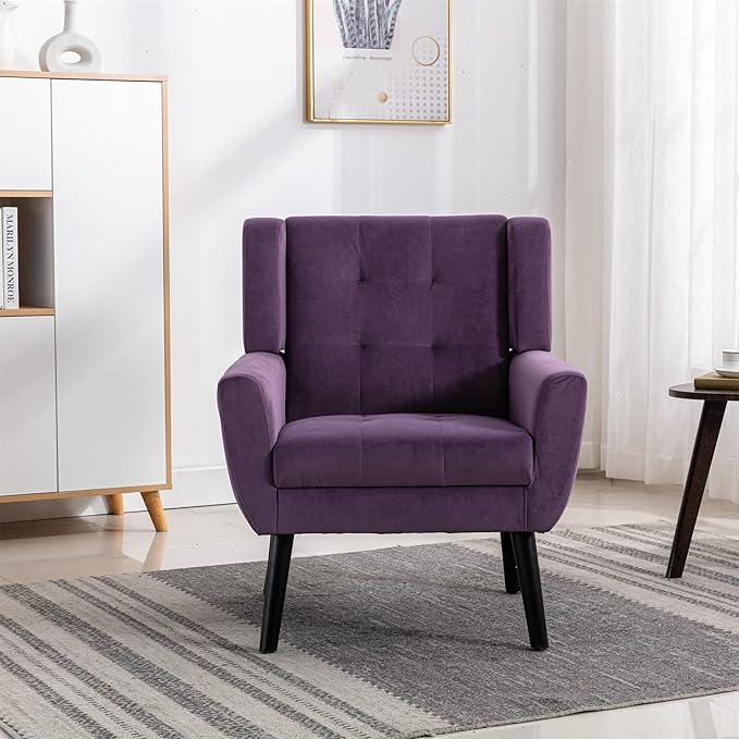 SSLine Velvet Accent Arm ChairMid-Century Modern Upholstered Wingback Single Sofa Armchair Club Chair with Solid Wood Legs Thick Cushion for BedroomReadingLiving Room Chair