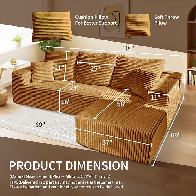 106'' Cloud Sectional Couch with L-Shape Chaise Boneless Modular Sofa with Deep Seat Modern Corduroy Couch for Living Room No Assembly Required. (Yellow Right-Facing Chaise)