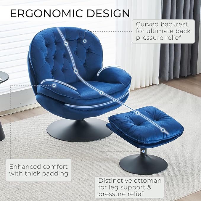 Velvet Swivel Accent Chair with Ottoman Set Modern Tufted Armchair with Footrest for Living Room Reading TV Chair for Adults Comfy Chaise Lounge Chairs with 360 Degree Swiveling for Bedroom Blue