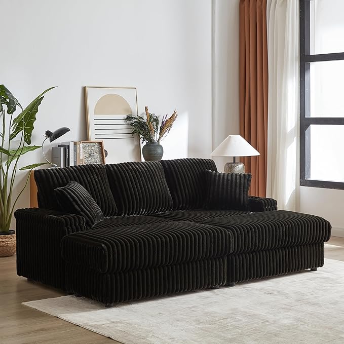 84 Oversized Double Chaise Lounge Indoor Modern Comfy Corduroy Sectional Couch with Ottoman Loveseat Sleeper Sofa Bed with Cup Holder Home Sofa Living Room Apartment (Black)