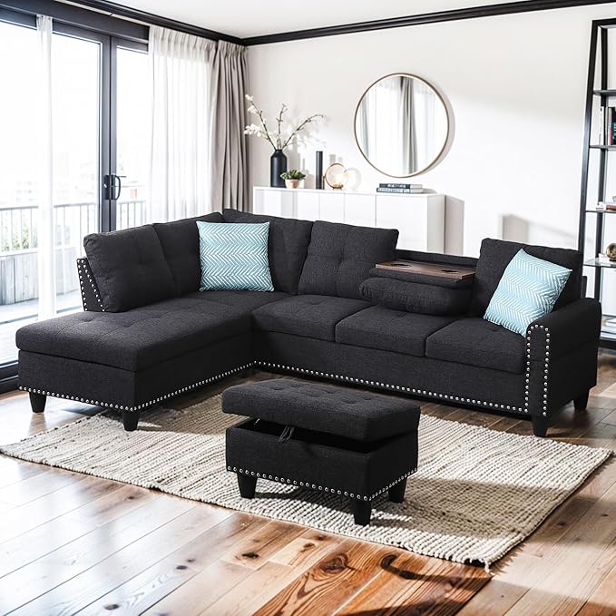 Yehha L-Shaped Sectional Sofa Rivet Hemming Upholstered Modular Couch with Reversible Cup Holder &amp Storage Ottoman Comfy Couches for Living Room Apartment Dark Grey