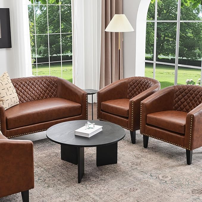 KINWELL 50 Faux Leather Small Barrel Love Seat Settee Diamond Tufted Back Compact Loveseat Sofa with Nailhead Trim Modern 2-Seater Couch with Solid Wood Legs for Small Spaces Apartments Brown