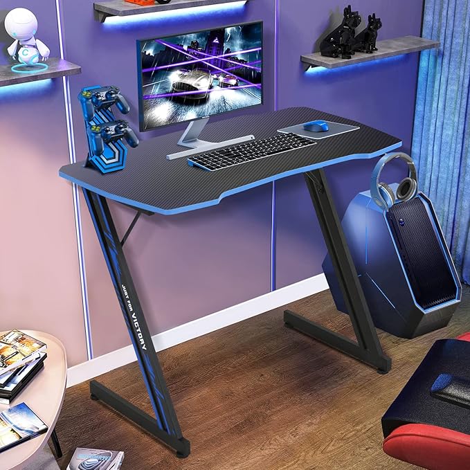 Dkelincs Gaming Desk 39.4 inch Z-Shaped Computer Desk PC Computer Table Home Office Desk Ergonomic Gamer Workstation with Headphone Hook Blue