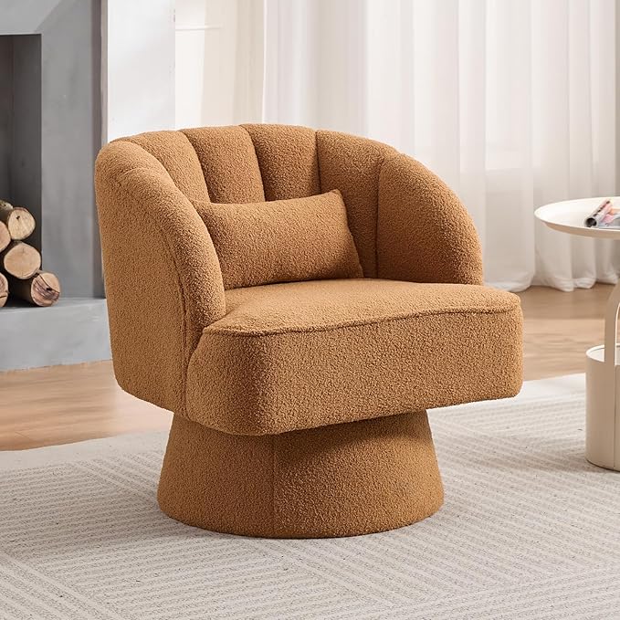 GarveeHome Modern Swivel Barrel Accent Chair 360° Teddy Fabric Upholstered Armchair with Striped Backrest &amp Plush Padding Comfy Round Lounge Chair for Living Room Bedroom Reading Nook Brown