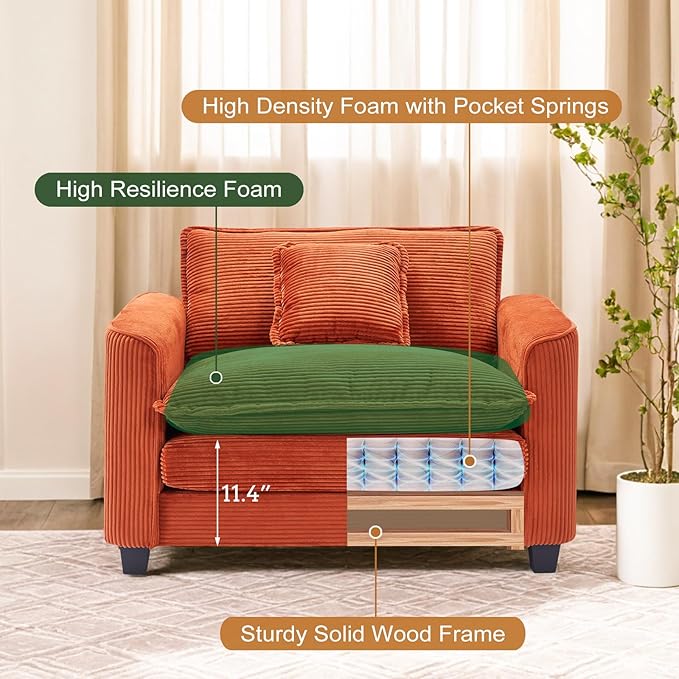 Furniliving Oversized Accent Chair with Ottoman Luxury Corduroy Single Sofa Upholstered Deep Seat Chaise Lounge with Pillows for Living Room Bedroom Apartment Orange