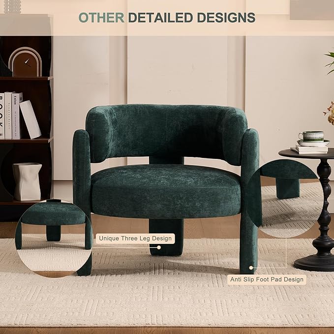 Modern Accent Barrel ChairMid Century Single Armchair with Curved Backrest Upholstered Side Reading Chair with 3 Legs Comfy Sherpa Chair for Bedroom Home Office Living Room (GreenSet of 2)