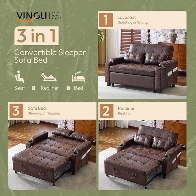 VINGLI Rustic Futon Sofa Bed Convertible Loveseat Sleeper Sofa Couch Pullout Sofa Fold Out Couch Bed with USB Ports Cup Holders Armrest for Living Room Bedroom Apartment Room | Loveseat Sleeper