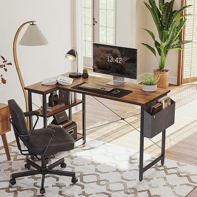CubiCubi L Shaped Desk 40 Inch Computer Desk with Reversible Storage Shelves Home Office Corner Desk Study Writing Table Rustic Brown
