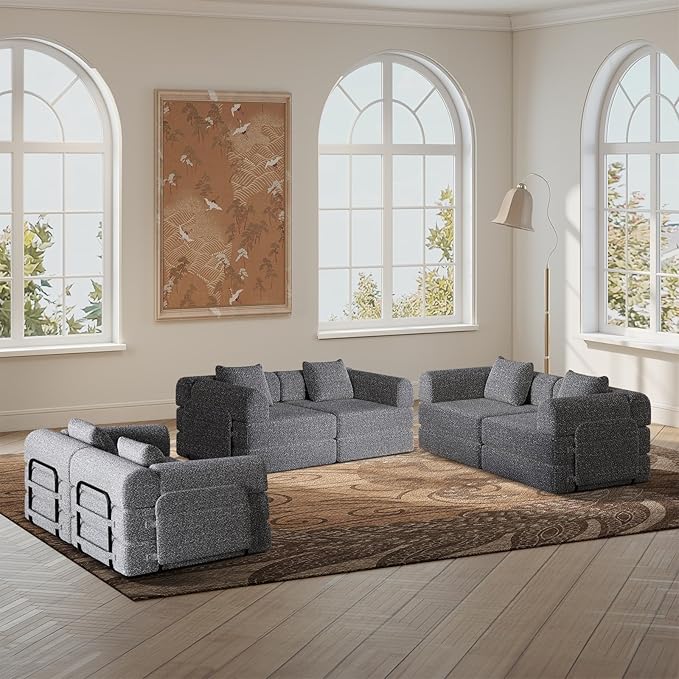 Convertible Sofa Bed 108+72.4+37 Sectional Couch 6-Seater with Storage Pockets Modular Sleeper Couch Chenille Folding Floor Boneless Lounge Sofa for Living Room Guest Room Grey