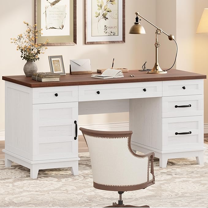 IDEALHOUSE Extra-Large Double Workstation Desk Spacious Home Office Desk with Adjustable Storage Cabinets Full-Extension File Drawers &amp Built-in Charging Station for Shared Work Brownish White
