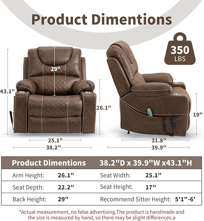 Large Power Lift Recliner Chair with Massage and Heat for Elderly Big and Tall People Dual Motor 180° Lay Flat Overstuffed Wide Leather Recliners with 2 Cup Holders Side Pocket
