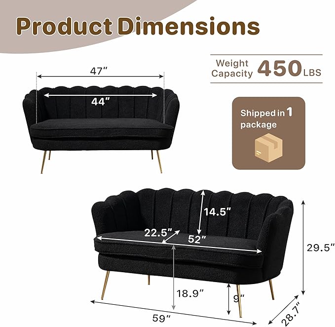 Mlmh &amp Kngwa Sherpa Boucle 2-Seater Sofa 59 Loveset Settee with Gold Metal Legs Comfy Upholstered Floral Mini Couch Sofa for Bedroom Living Room Apartment Black