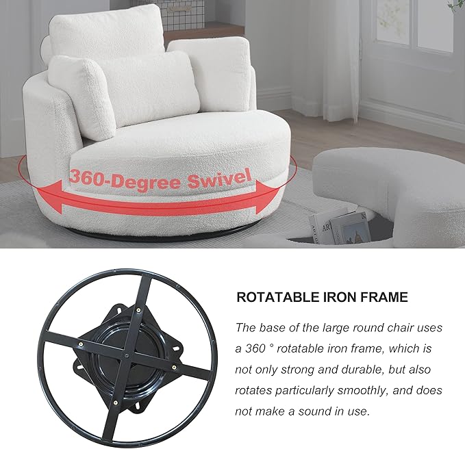 kevinplus Swivel Barrel Chair Accent Chair with Storage Ottoman for Living Room Modern Round Upholstered Single Sofa Couch Chair for Apartment Bedroom Teddy Fabric White (ø39'' x 30.5'')