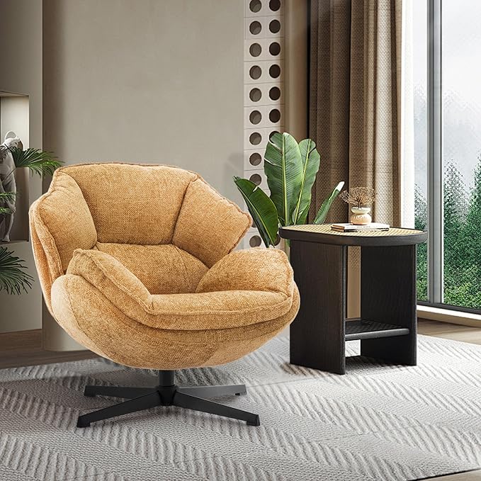 IWMH Swivel Accent Chair for Living Room Upholstered Armchair with Metal Legs Lounge Sofa Chair Comfy Leisure Chairs for Bedroom Reading (Yellow)