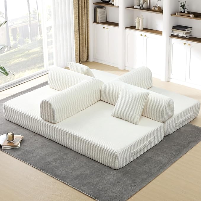 Convertible Folding Sofa Bed Corduroy Sleeper Mattress Couch with Fixed-Shape Frame Free Combination Loveseat Lounge Floor Sofa Queen Size Memory Foam Couch for Living Room Bedroom White