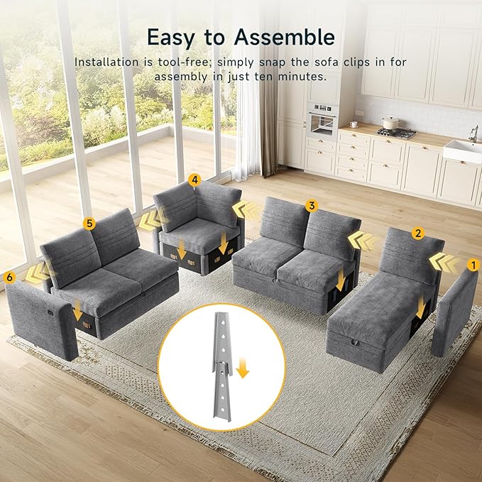 ONBRILL 105 Modular Sectional Sleeper Sofa with Pull Out Bed6 Seat Sectional Sleeper Sofa with Storage ChaiseUSB PortsModern U-Shaped Couches for Living RoomTool-Free AssemblyChenilleGrey