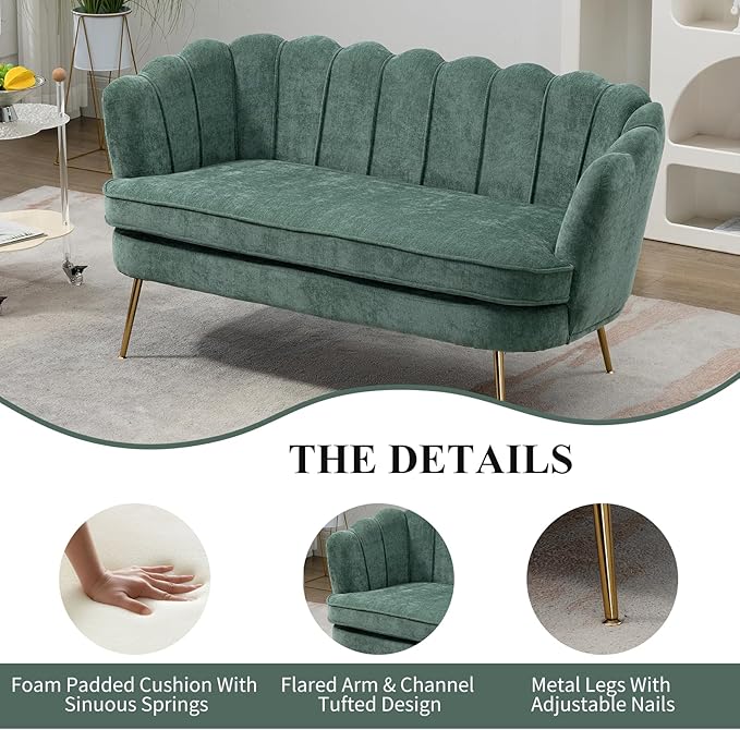 59 Wide Loveseat Sofa Chenille Upholstered Small Couch with Petal-Shaped Design Modern Leisure Sofa with Gold Metal Legs Mini Room Couch for Bedroom Apartment (Green-Chenille)