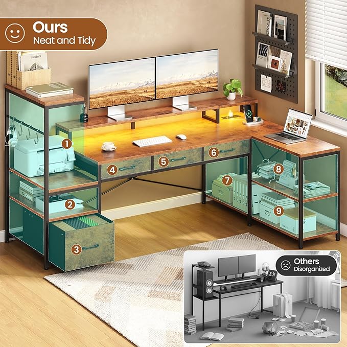SEDETA 59Inch L Shaped Gaming Desk with PC Display Stand Reversible Computer Desk with Storage Shelves 4 Drawer &amp LED Lights Modern Gamer Desk Table with Power Outlet Monitor Stand Rustic Bro
