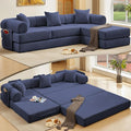 L Shaped Convertible Modular Boneless Sofa Bed with Cylindrical Pillow Corduroy Folding Floor Sofa Couch Bed with Fixed-Shape Frame &amp Storage Pocket for Living Room Blue