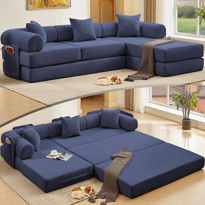 L Shaped Convertible Modular Boneless Sofa Bed with Cylindrical Pillow Corduroy Folding Floor Sofa Couch Bed with Fixed-Shape Frame &amp Storage Pocket for Living Room Blue