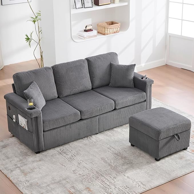 76'' Sectional Sofa Couches for Living Room 3 Seat L-Shaped Couch with Storage &amp Ottoman Corduroy Convertible Sofas with Chaise Apartment with USB Charging Cup Holder (Dark Grey)