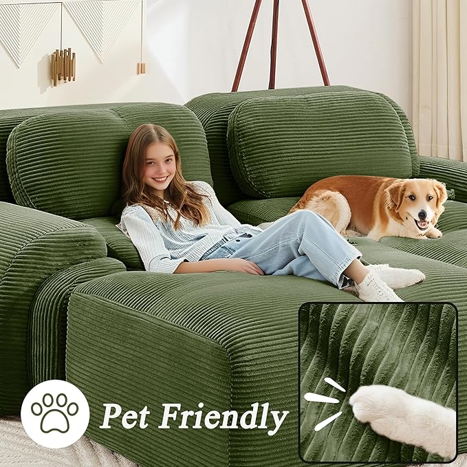 Modular Sectional Sofa Boneless Couch Corduroy Cloud Couch Modern Deep Seat Sectional Couches for Living Room 82 Loveseat Apartment Sofa Small Couches for Small Spaces No Assembly(Green)