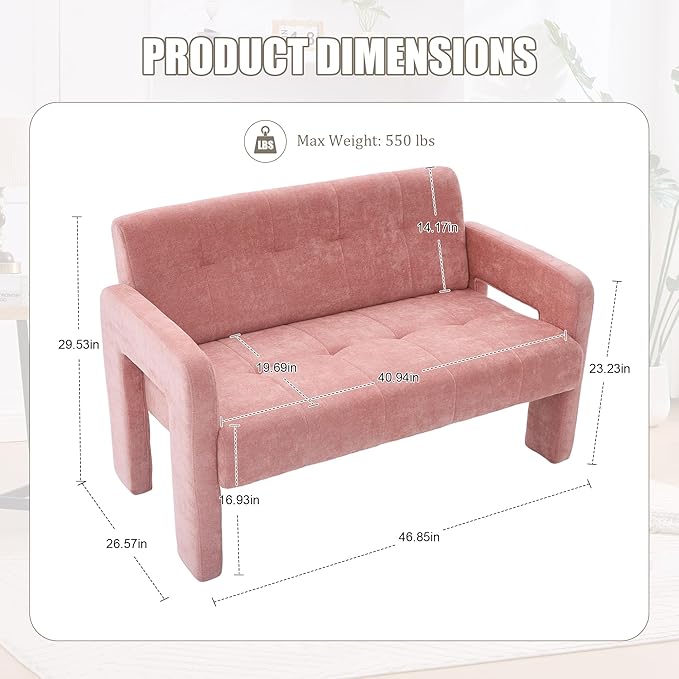47'' Modern Loveseat Comfortable Small Couch for Two with Chenille Fabric Minimalist Accent Chair for Bedroom Office Entryway Dorm (Pink)