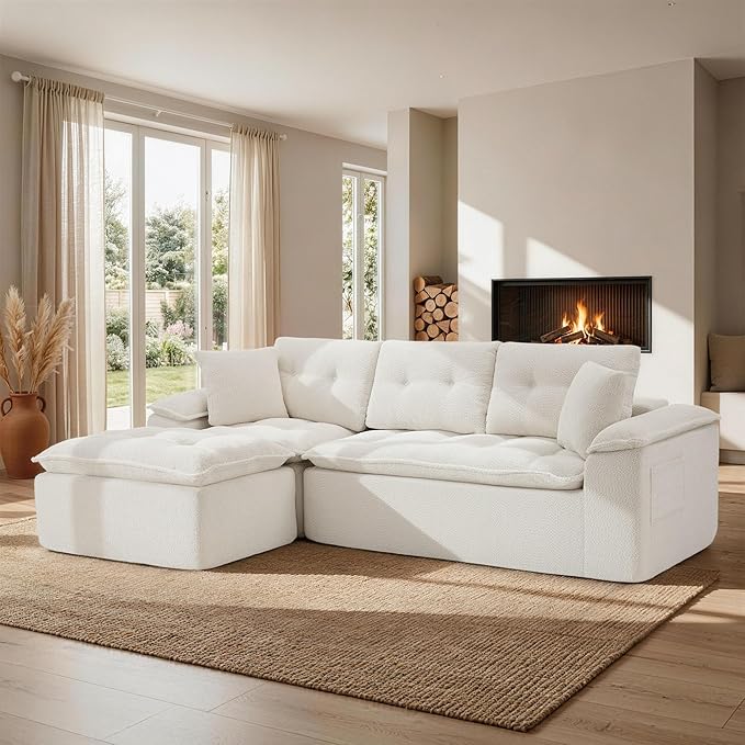 110 Modular Sectional Sofa Cloud Sectional Couch with Ottoman Modern L Shaped Sofa with Deep Seat Upholstered Boneless Couch for Living Room with Layered Cushion No Assembly Beige