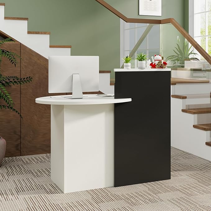 Reception Desk Small Retail Checkout Counter with Lockable Drawer and Open Shelves Wooden Front Desk Reception Counter Oval Desktop &amp L Counter for Store Office Lobby Salon (White &amp Black)