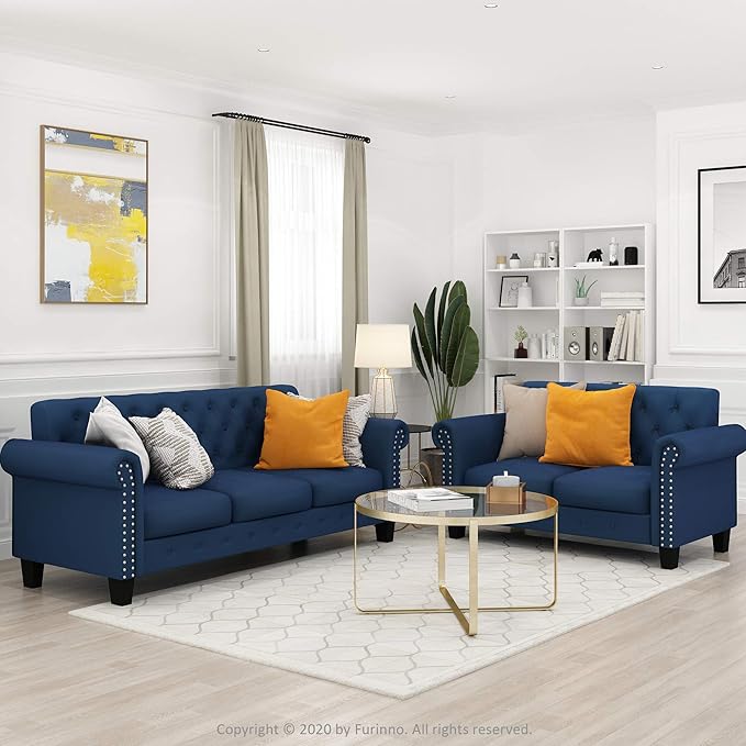 Furinno Bastia Vintage Modern Chesterfield Button Tufted Loveseat/Sofa Couch for Living Room Navy Velvet