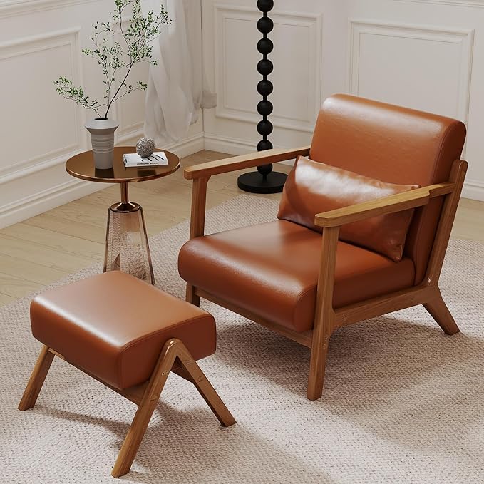 Accent Chair and Ottoman Set Mid-Century Modern Faux Leather Armchair with Solid Wood Frame for Living Room Bedroom Balcony Brown