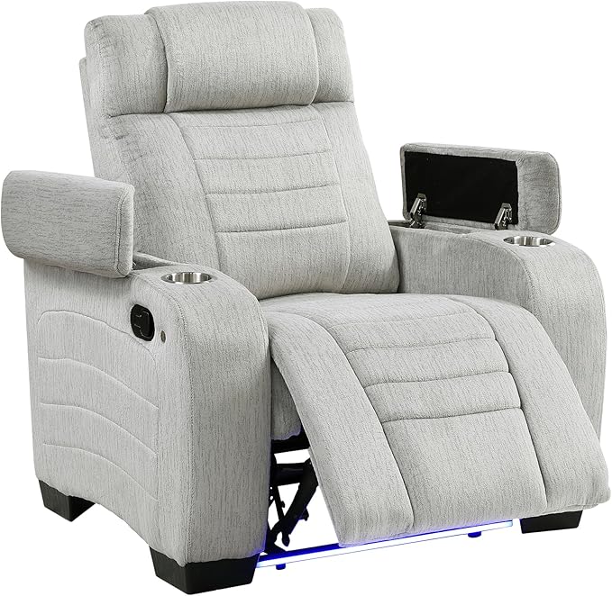 Lexicon Wall Hugger Manual Reclining Chair Microfiber Manual Recliner with Cup Holders/Hidden Arm Storage/LED Base Lighting Home Theater Seating for Living Room Light Gray