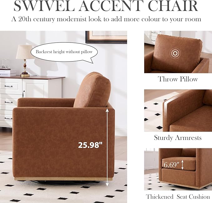 Aoiy &amp Wifon 30.7 W Swivel Accent Chair Set of 2 Mid Century Modern Swivel Chairs for Living Room Comfy Small Accent Chair PU Leather Brown