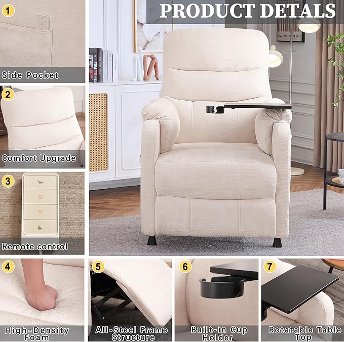 Electric Recliner Chair Power Recliner Sofa with Remote Adjustable Backrest Side Pocket &amp Swivel Tray Table 350 LBS Soft Chenille Fabric Armchair for Living Room Bedroom Beige