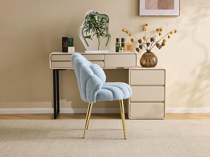 VINGLI Shell-Shaped Teddy Fleece Accent Vanity Chair with BackComfy Blue and Gold Desk Chair No WheelsCute Small Pearl Deco PillowGift for Girls/Womenfor MakeupOfficeDiningNailSewingBedroom