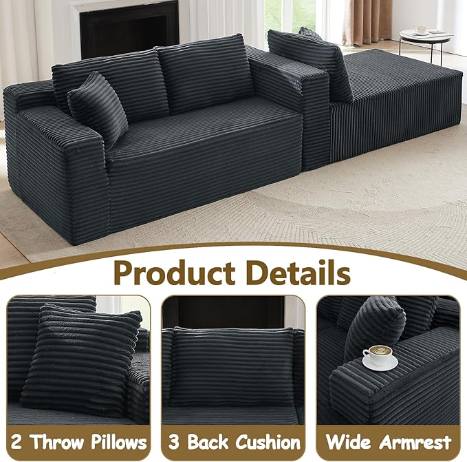104 Boneless Sectional Couches L Shaped Couch with Deep Seat for Living Room Apartment Corduroy Memory Foam Couch with Comfy Pillows (Dark Grey Right Chaise)