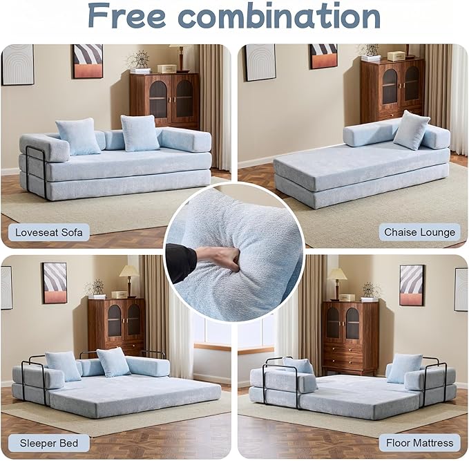 Convertible Floor Sofa Bed Foldable Mattress Cloud Couch with Pillow Back &amp Armrest Chenille Sleeper Sofa Bed with Fixed-Shape Frame Compressed Couch for Living Room Bedroom Light Blue