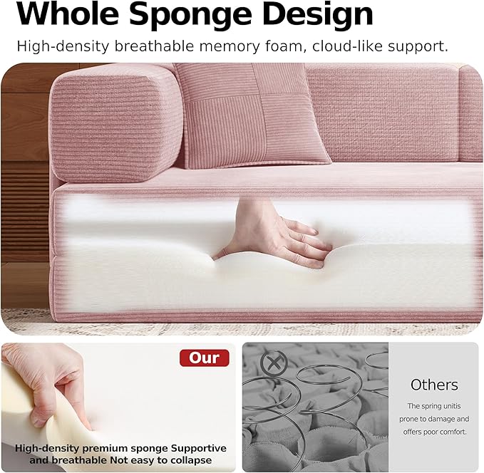 MoonSpeak 78.8''Sleeper Couch Bed for LivingroomConvertible Modular Sofa with Armrest PillowModular Foldable Corduroy Couches in a BoxNo Assembly (Pink)