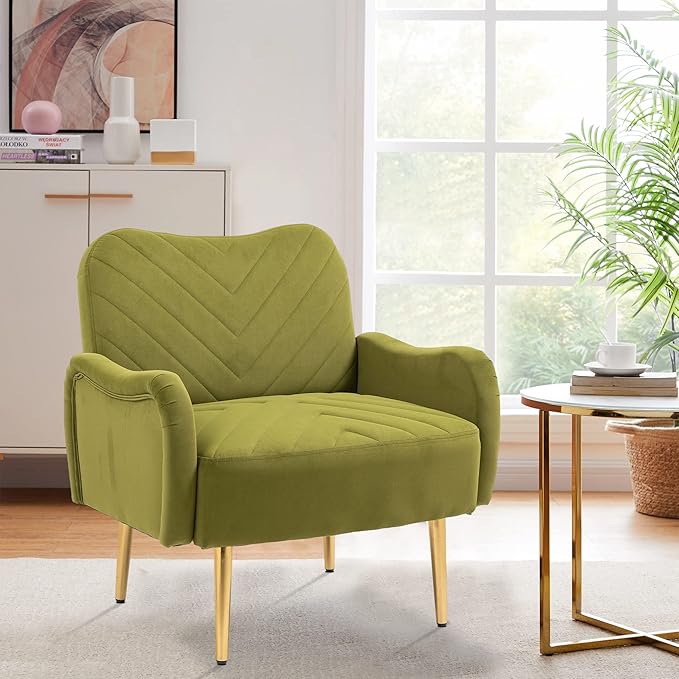Velvet Accent Chair Comfy Upholstered Living Room Arm Chair Single Reading Sofa Chairs for Bedroom Office Small Spaces Waiting Room Furniture (Olive Chair)