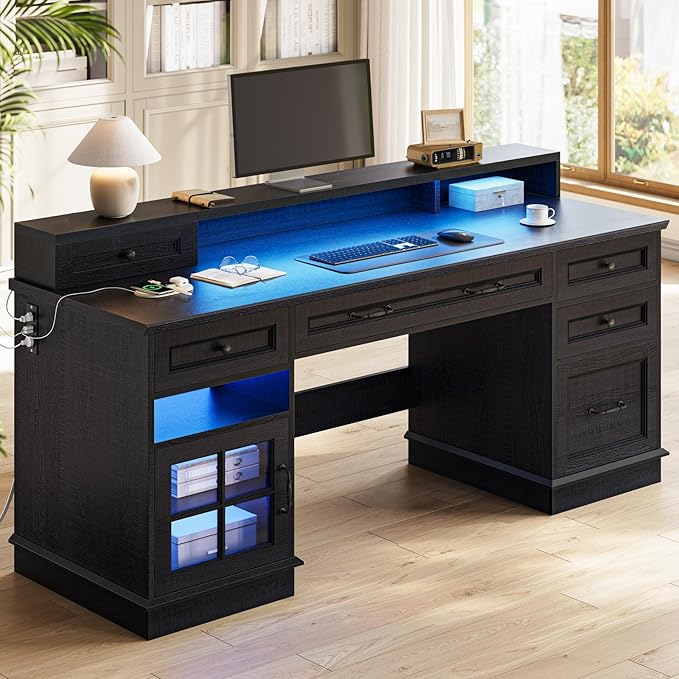 Farmhouse Executive Desk with Drawers Computer Desk with File Drawers Power Outlet and Led Lights Executive Office Desk with Storage Cabinet and Monitor Shelf for Home Office Black