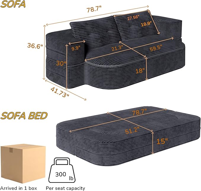 78.7 Convertible Sleeper Sofa Bed with 2 Soft Pillows 2-in-1 Fold Out Couch Upholstered in Luxurious Plush Corduroy Fabric Deep Seat Couch for Living Room Bedroom Guest Room Dark Grey