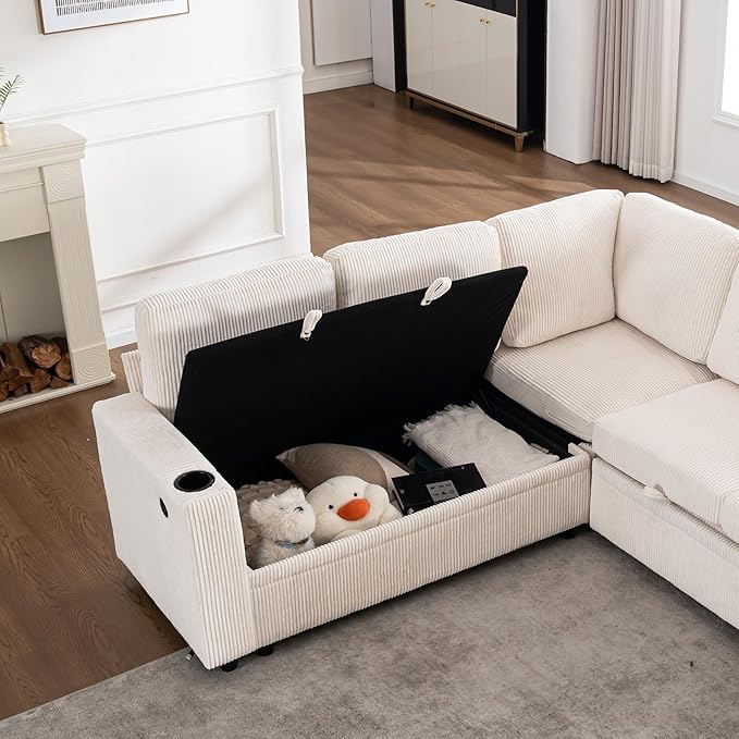 83 Modular Sectional Sleeper Sofa with Pull Out Bed Plush Corduroy L-Shaped Corner Couch with Storage USB Charger Cup Holders 5-Seater Sectional Couches for Living RoomApartment White