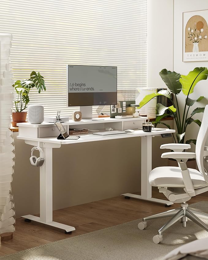 48x24 Inch Electric Standing Desk with Double Drawers Adjustable Feet &amp Hooks Ergonomic Home Office Workstation White