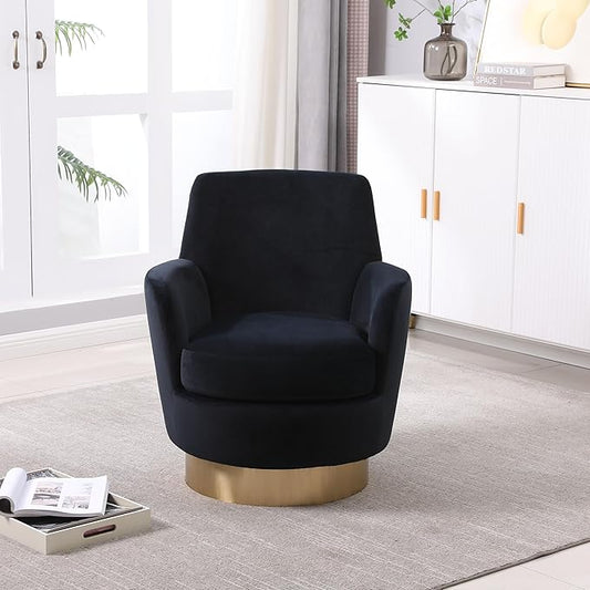 Velvet Swivel Barrel Chair Armchair for Living Room Reading Chairs for Bedroom Comfy Round Barrel Chairs with Gold Stainless Steel Base for Living Room Bedroom Reading Room (Black)