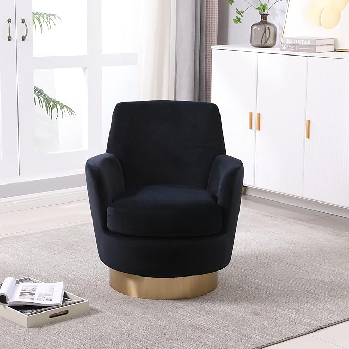 Velvet Swivel Accent Chair Set of 2 Upholstered Barrel Chair with Golden Base Comfy Round Boucle Chair 360° Swivel Armchair for Living Room Bedroom Lounge Office Nursery Sillas Para SalaBlack