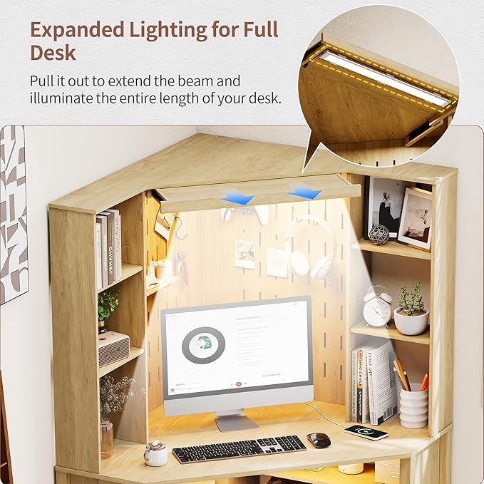 L-Shaped Corner Desk LED Light Computer Desk with Charging Station Hutch Storage Shelves &amp File Cabinet Home Office Desk Workstation for Small Space Natural Wood
